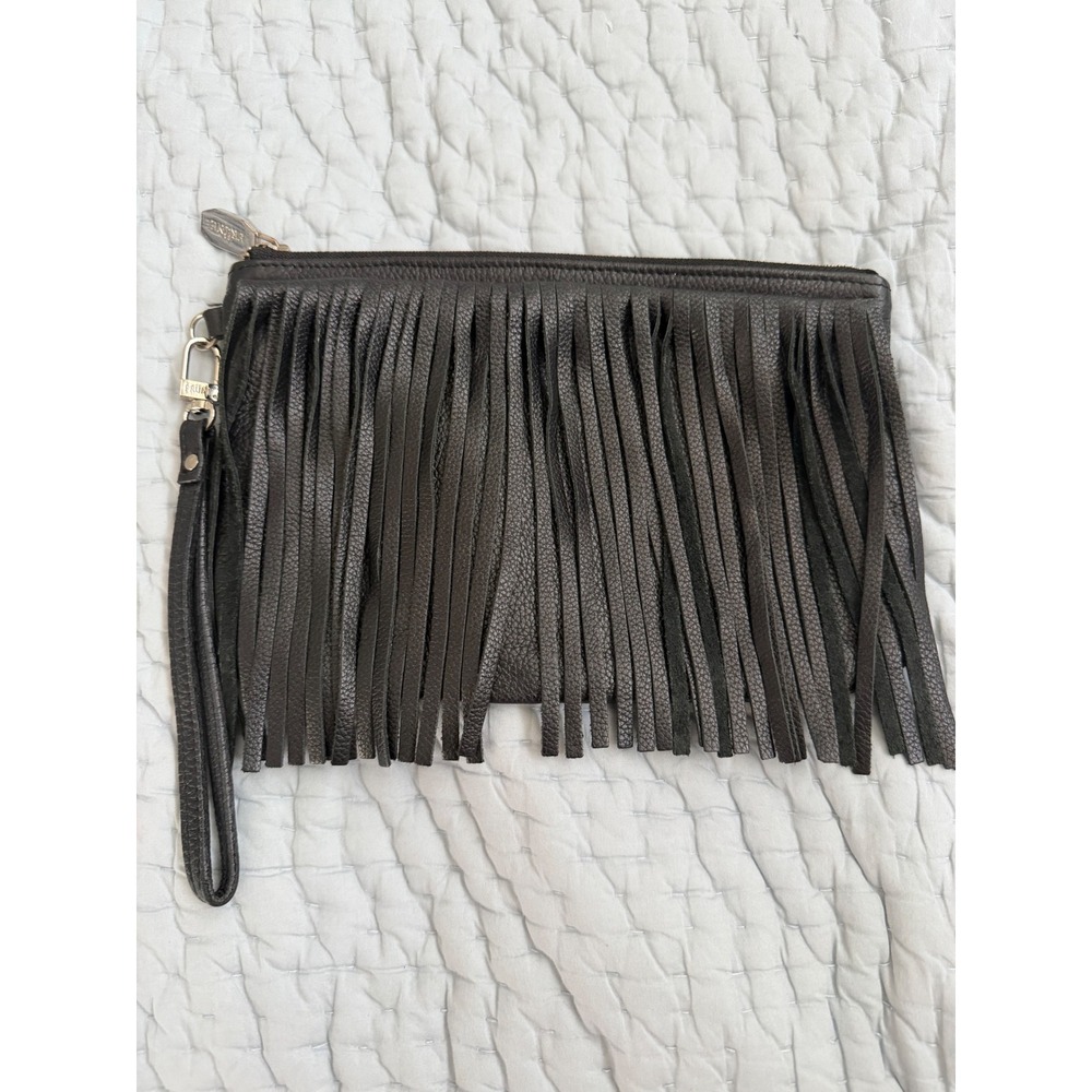 PRUNE Black Fringe Wristlet Clutch Leather Boho Western Purse 9.5 x 6.5